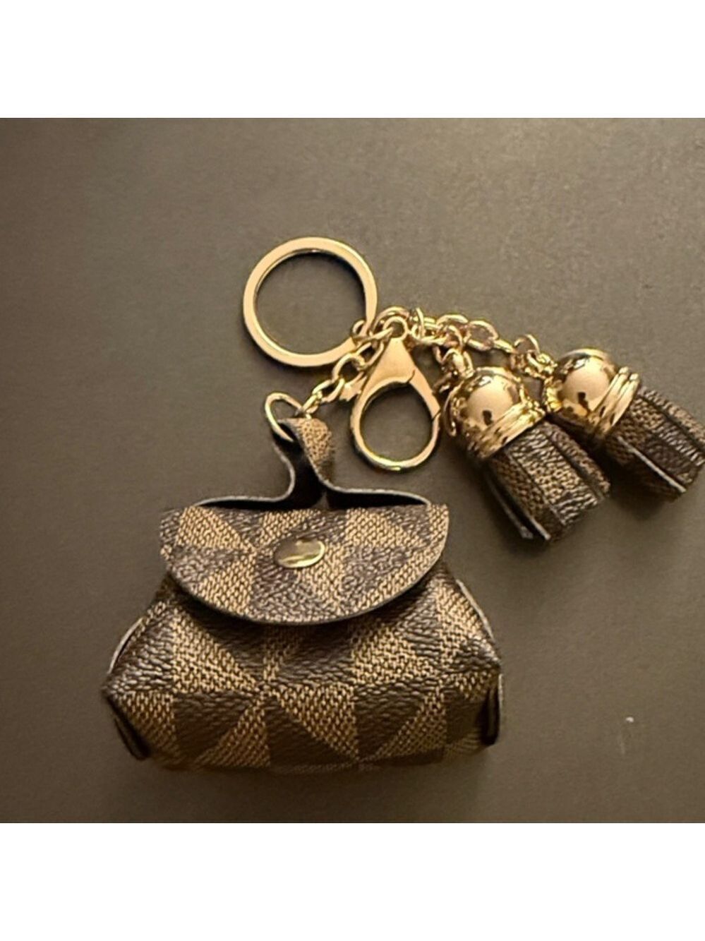 Elegant Brown Checkered Key Holder with Gold Accents Bag Charm New